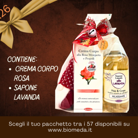 sapone liquido adatto per mani, viso e corpo di tutta la famiglia da 500 ml; crema corpo alla rosa mosqueta per idratare e nutrire in profondità